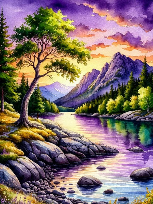 Натюрморт в фиолетовых и зелёных цветах дерево на фоне высоких гор и речки