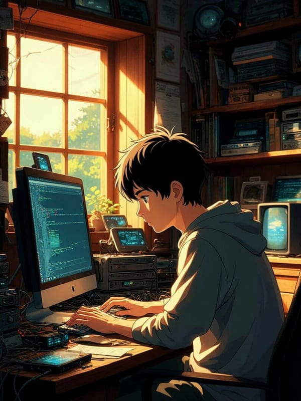Аниме программист в комнате за компьютером парень