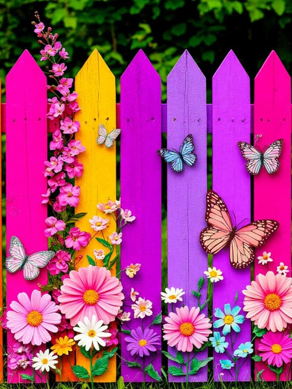 Красивый разноцветный забор с цветами и бабочками на фоне зелени
