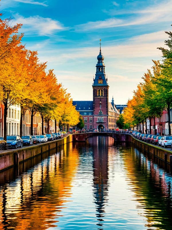 Канал реки в городе с мостом и домами