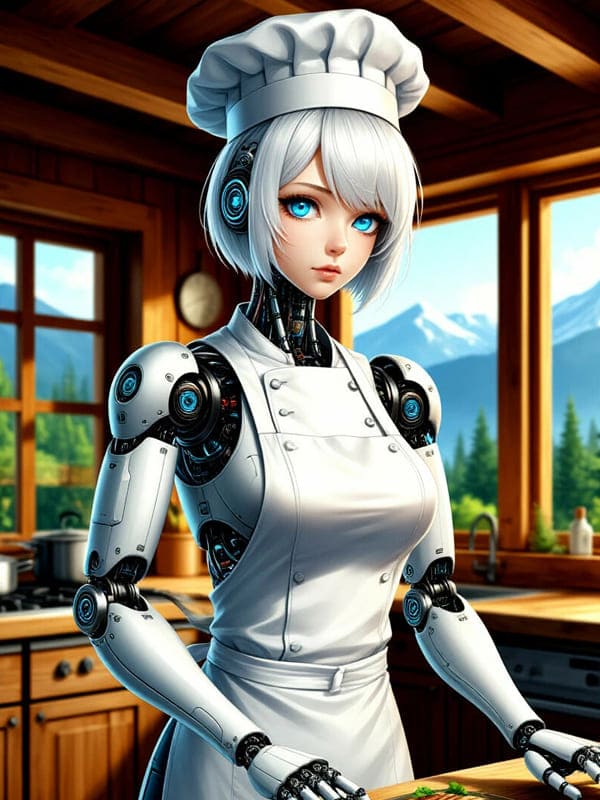 Робот в колпаке с внешностью девушки на кухне готовит рисунок