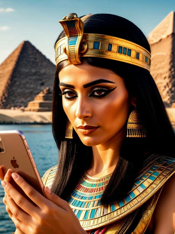 Фото Клеопатра на фоне египетских пирамид в руках держит сматфон
