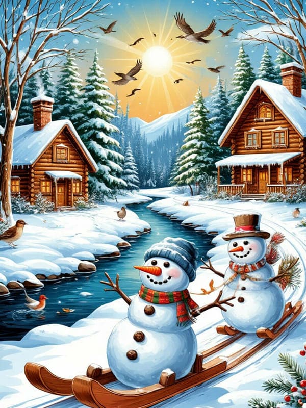 Нарисованная картинка снеговики катаются на лыжах в деревни