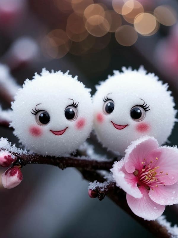 Два снежка персонажа сидят на ветке и мыла улыбаются среди цветка розового цвета фото