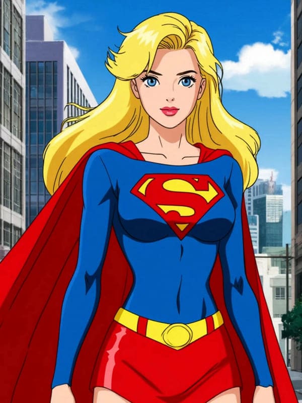 Картинка аниме Супергёрл в синей кофте красной юбки и плащ на фоне города