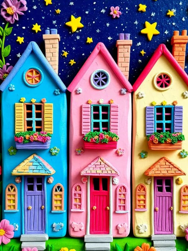 Три пластилиновых ярких домика с крышей трубой и конами и небо со звездами