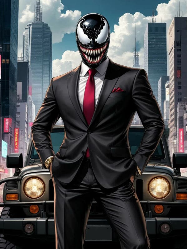 Веном в деловом костюме на фоне города за спиной джип