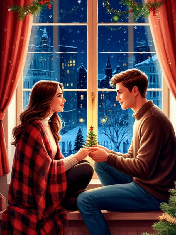 Влюблённая пара сидит на подоконнике на фоне снега и ночного города