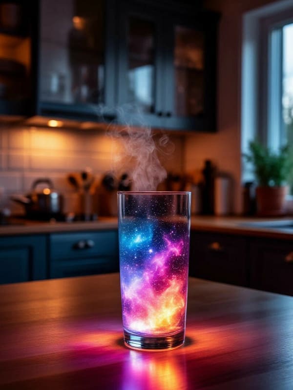 На кухне стакан в котором космическое сияние разного цвета