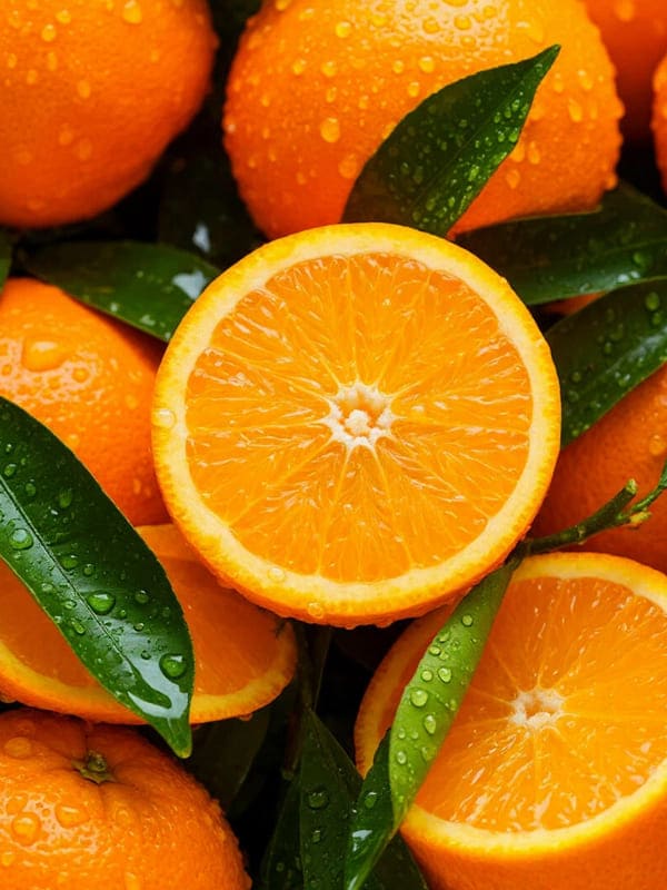 Разрезанный оранжевый апельсин на фоне зелёных листьев и других апельсинов капли воды