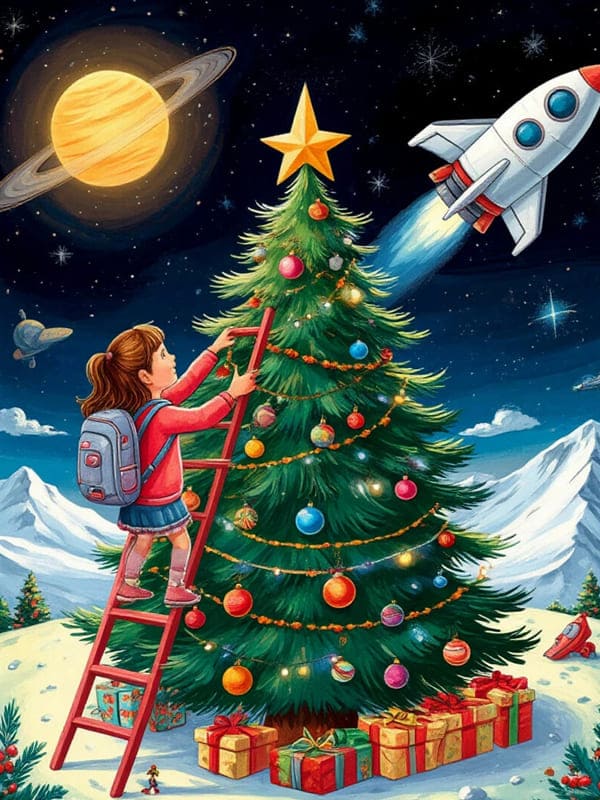 Иллюстрация девочка по лестнице забирается на ёлку летит ракета