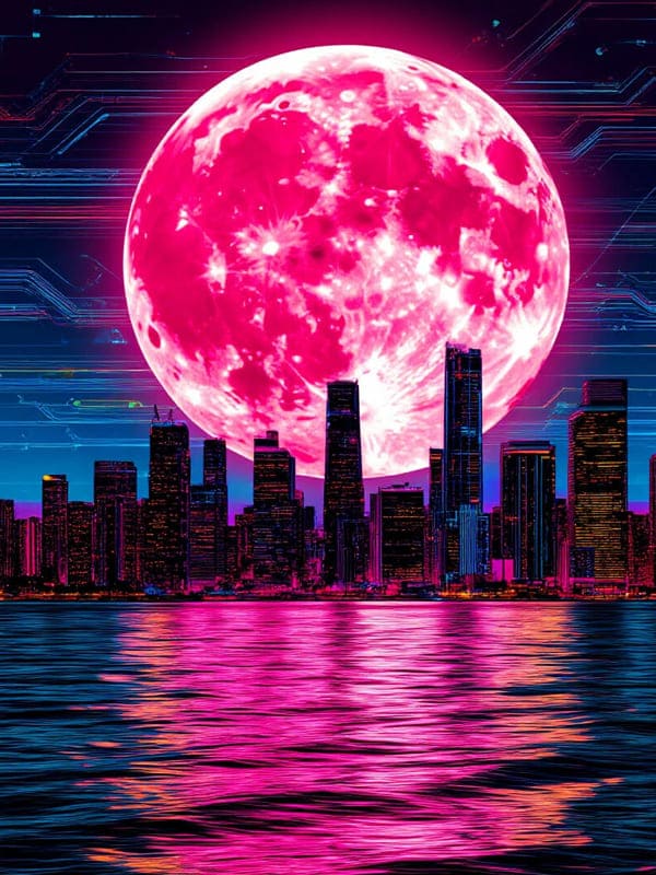 Фиолетовая большая луна над неоновым городом высотки киберпанк