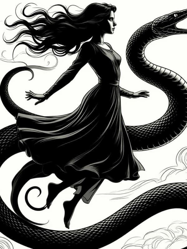 Чёрно белая картинка силуэт девушки и змея