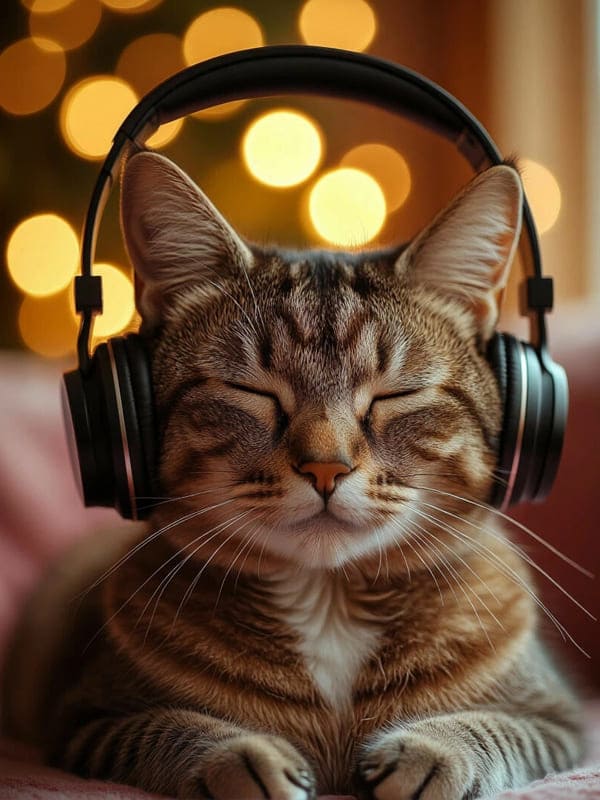 Котик в наушниках наслаждается музыкой