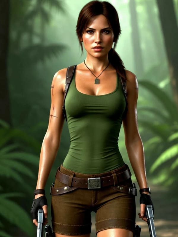 Молодая девушка Лара Крофт с пистолетами в джунглях