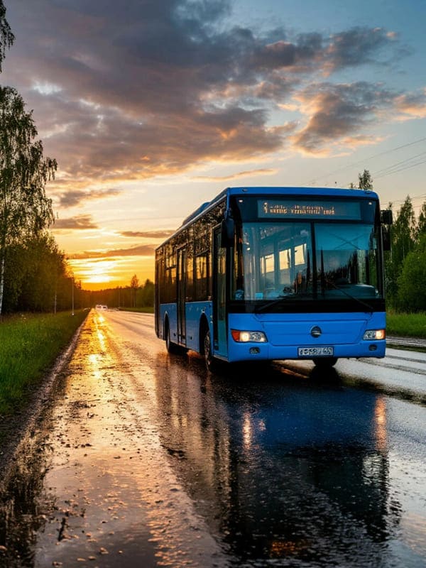 Синий автобус едет по мокрой дороге летом