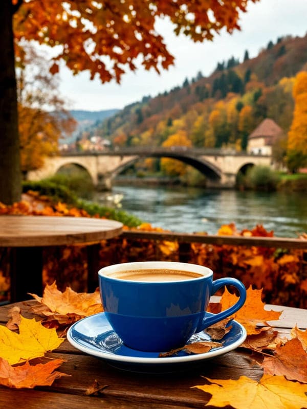 Синяя чашка кофе на улице на столе на фоне листьев осенью мост и речка