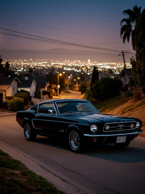 Чёрный мустанг машина вечером на дороге