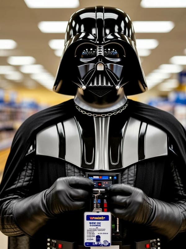 Дарт Вейдер в магазине покупок в чёрном шлеме