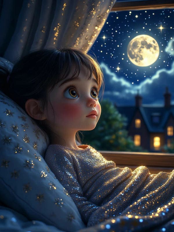 Девочка засыпает открытое окно луна и дом