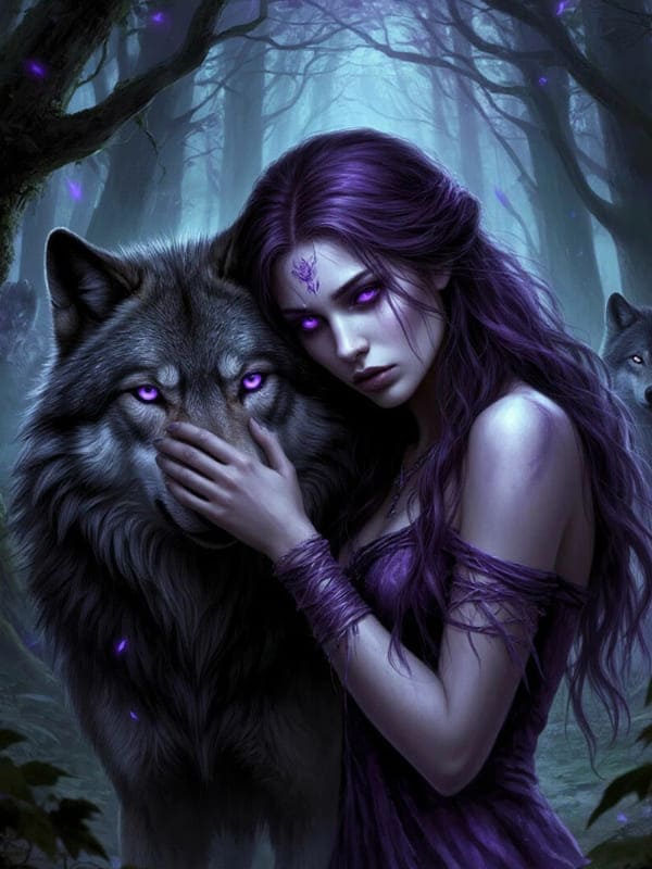 Девушка с волком в лесу фиолетовые глаза и тени