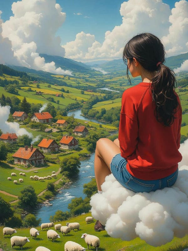 Девушка в красном свитере сидит на облаке смотрит вдаль горы поля