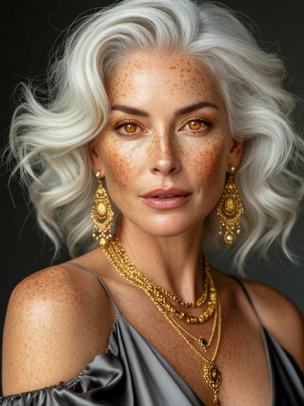 Девушка с белыми волосами вся в веснушках и золотом ожирелые и сережках