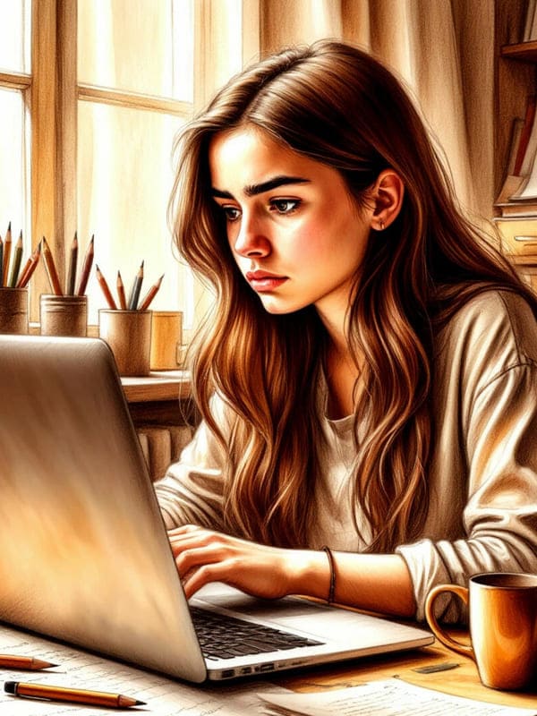Девушка за ноутбуком сидит и выполняет работу длинные волосы иллюстрация