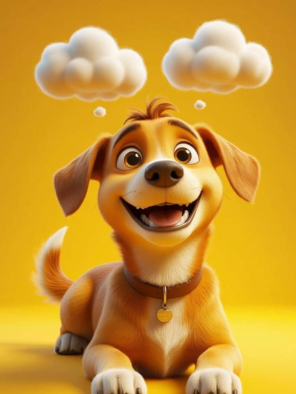 Собака персонаж на жёлтом фоне с облаками