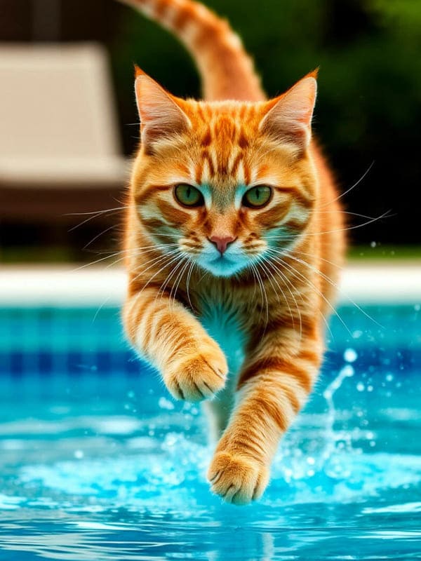 Рыжий кот перепрыгивает через басейн
