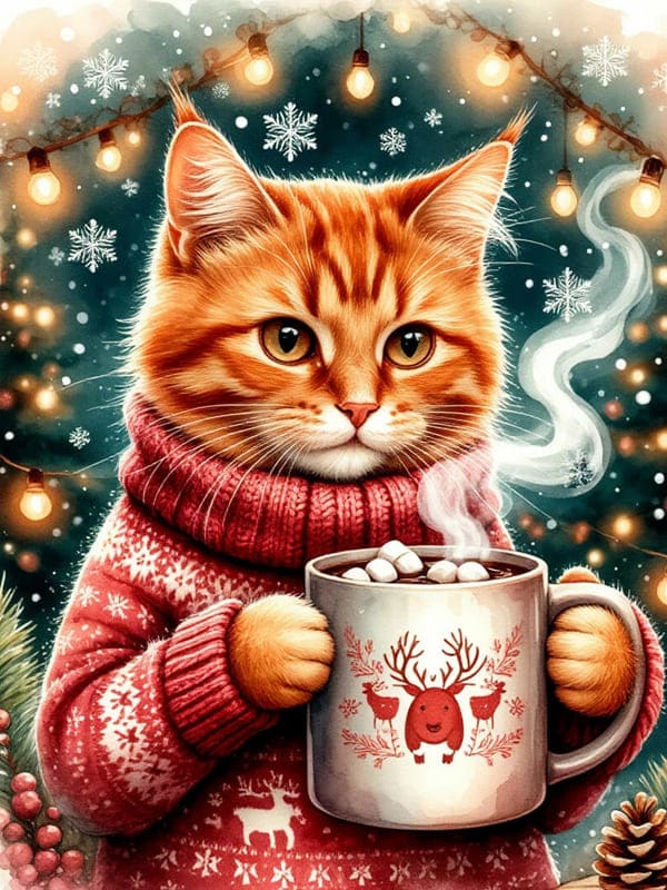 Рыжий кот в свитере красном с оленем и кружкой кофе