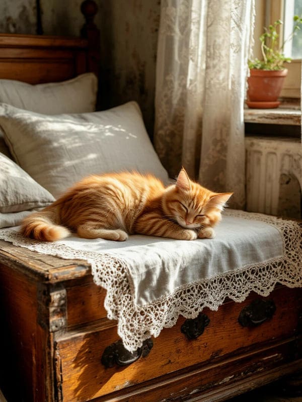 Рыжий котик спит на сундуке старая картинка в доме