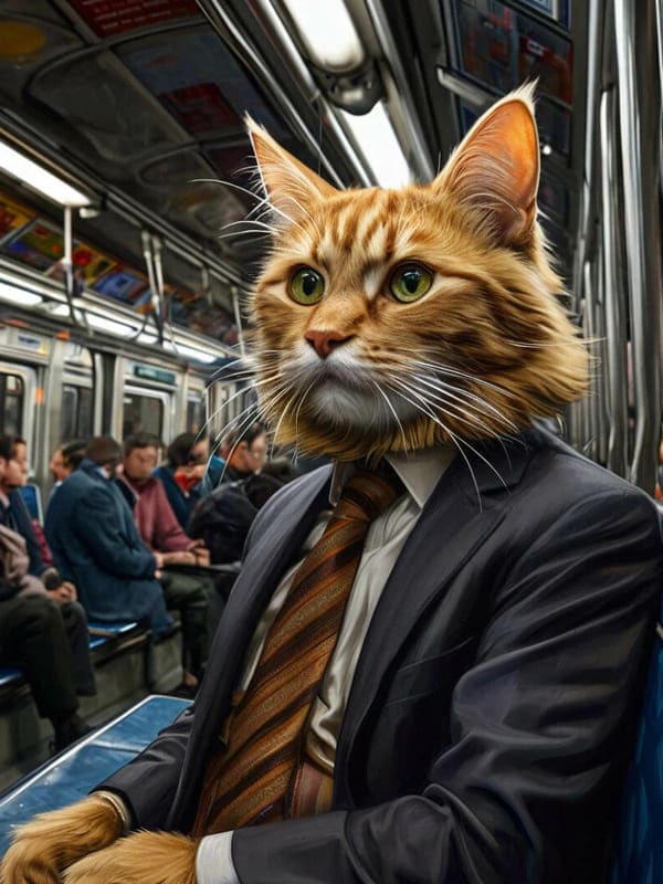 Кот в костюме бизнес директора едет в душном метро