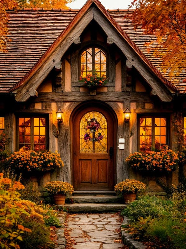 Крыльцо старого дома деревянного один этаж с цветами осенью