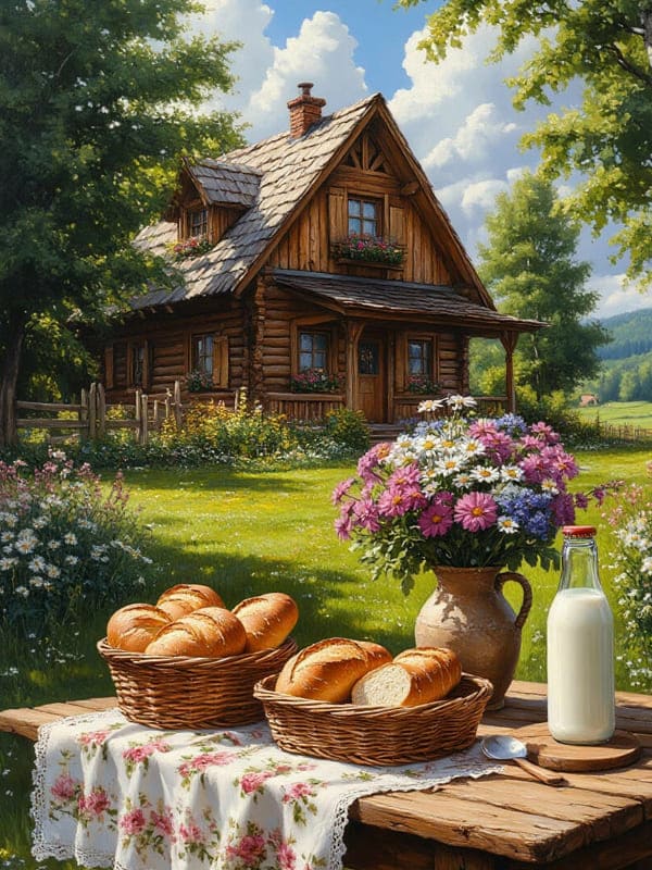 Натюрморт домик лето в деревни хлеб и молоко на столе с цветами