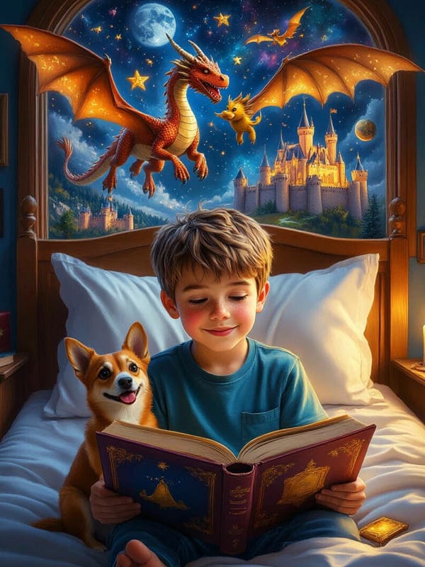 Мальчик читает книгу с собакой а вверху драконы замки из сказки
