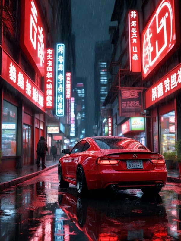 Красная машина на улице Китая мокрые дороги с лужами