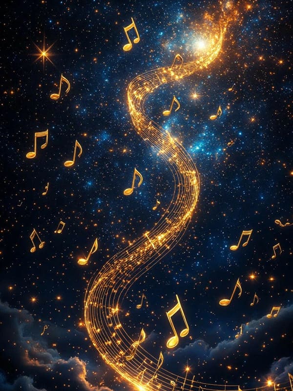 Символы нот золотого цвета в облаках звёзды