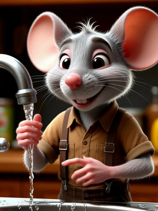 Мышка с большими ушами в одежде моет руки в раковине