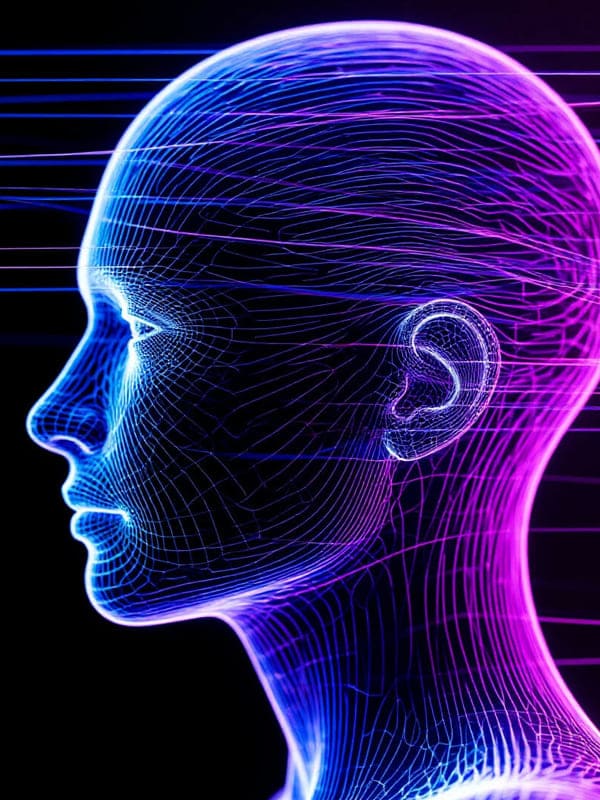 На чёрном фоне силуэт головы человека сини фиолетовые линии нейрочеловек
