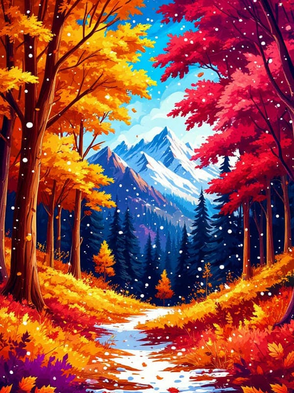 Картинка горы тропинка лес идёт снег первый и осенние деревья