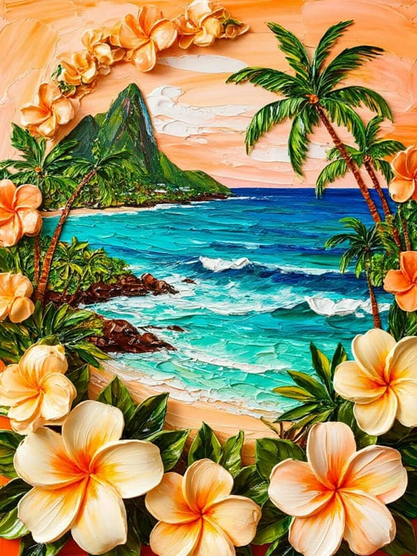 Картинка в технике импасто с пейзажем моря, берега пляжа, в далеке гора и цветы на переднем крае