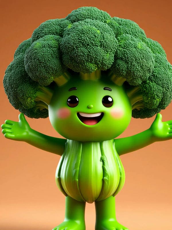 Персонаж брокколи на бежевом фоне руки вверх эмоции