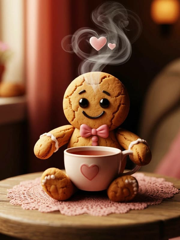 Песочный человечек из теста сидит на столе кружка чая