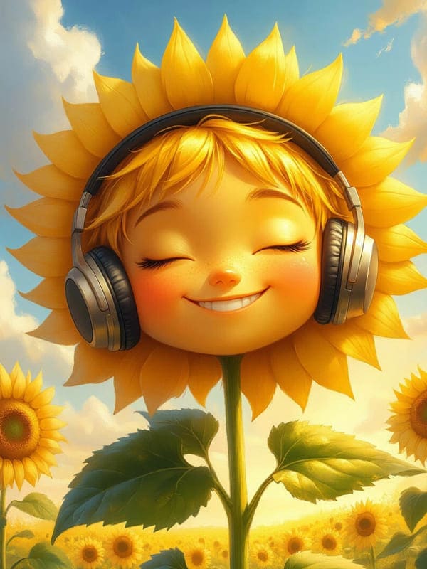 Персонаж подсолнух в наушниках слушает музыку иллюстрация яркая