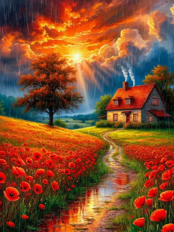 Иллюстрация тропинка к дому, идёт дождь тюльпаны светит солнце