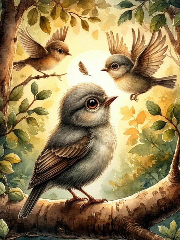 Три птицы на дереве смешные две летают, одна сидит на ветке зарисовка