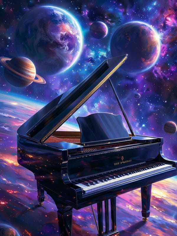 Красивый чёрный рояль летает в космосе среди планет