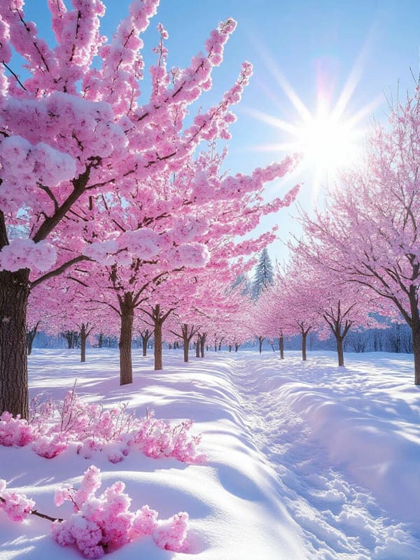 Природа зимой розовые цветы деревья среди зимних сугробов