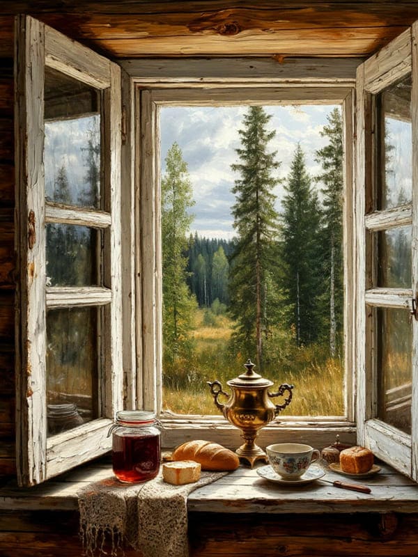 Окно деревянного дома на лес, на окне самовар, варенье, хлеб и чашка